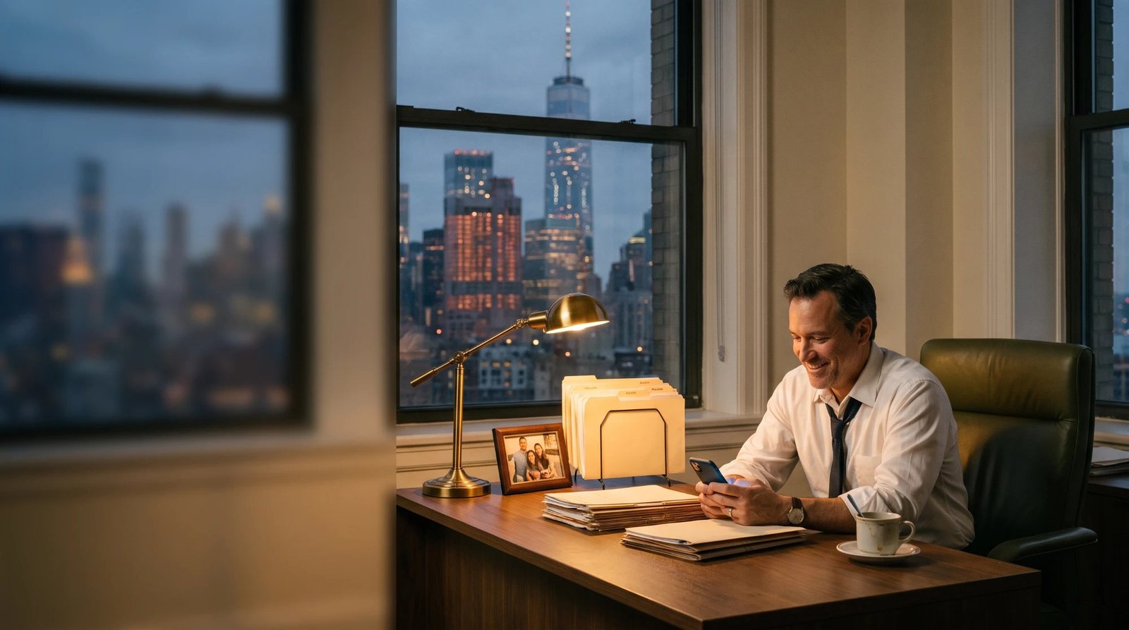 A smiling attorney with his tie loosened reading a message on his phone at his desk in the evening, with case files, a brass lamp, and the lower Manhattan skyline outside