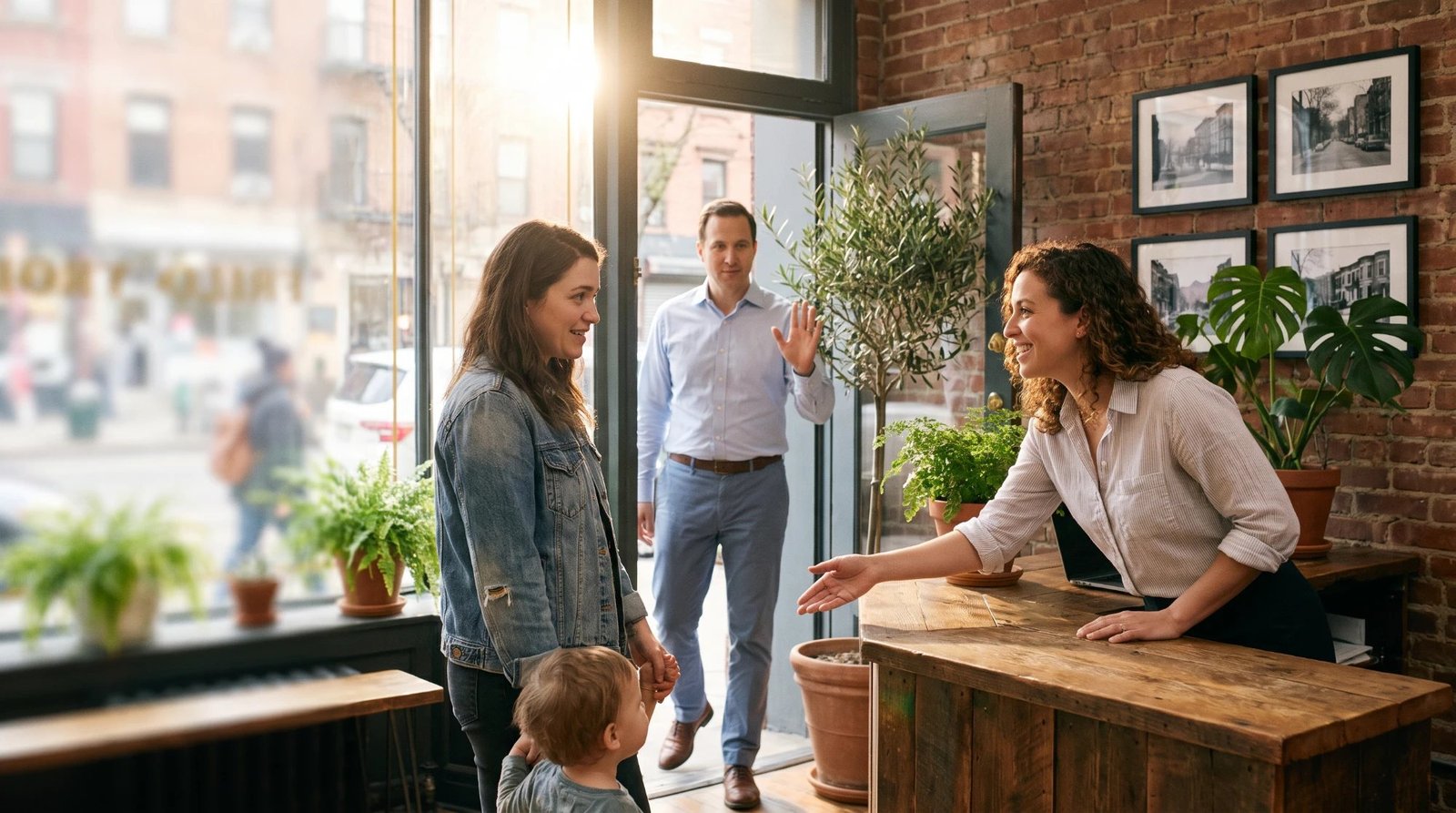 A smiling receptionist at a wooden front desk welcoming a mother and her toddler while a man waves from the open door of a brick-walled storefront law office